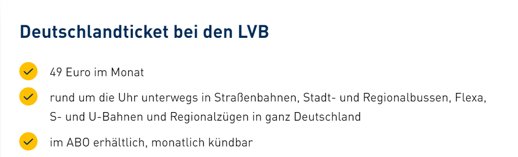 Auflistung der Konditionen des Deutschladntickets der LVB.